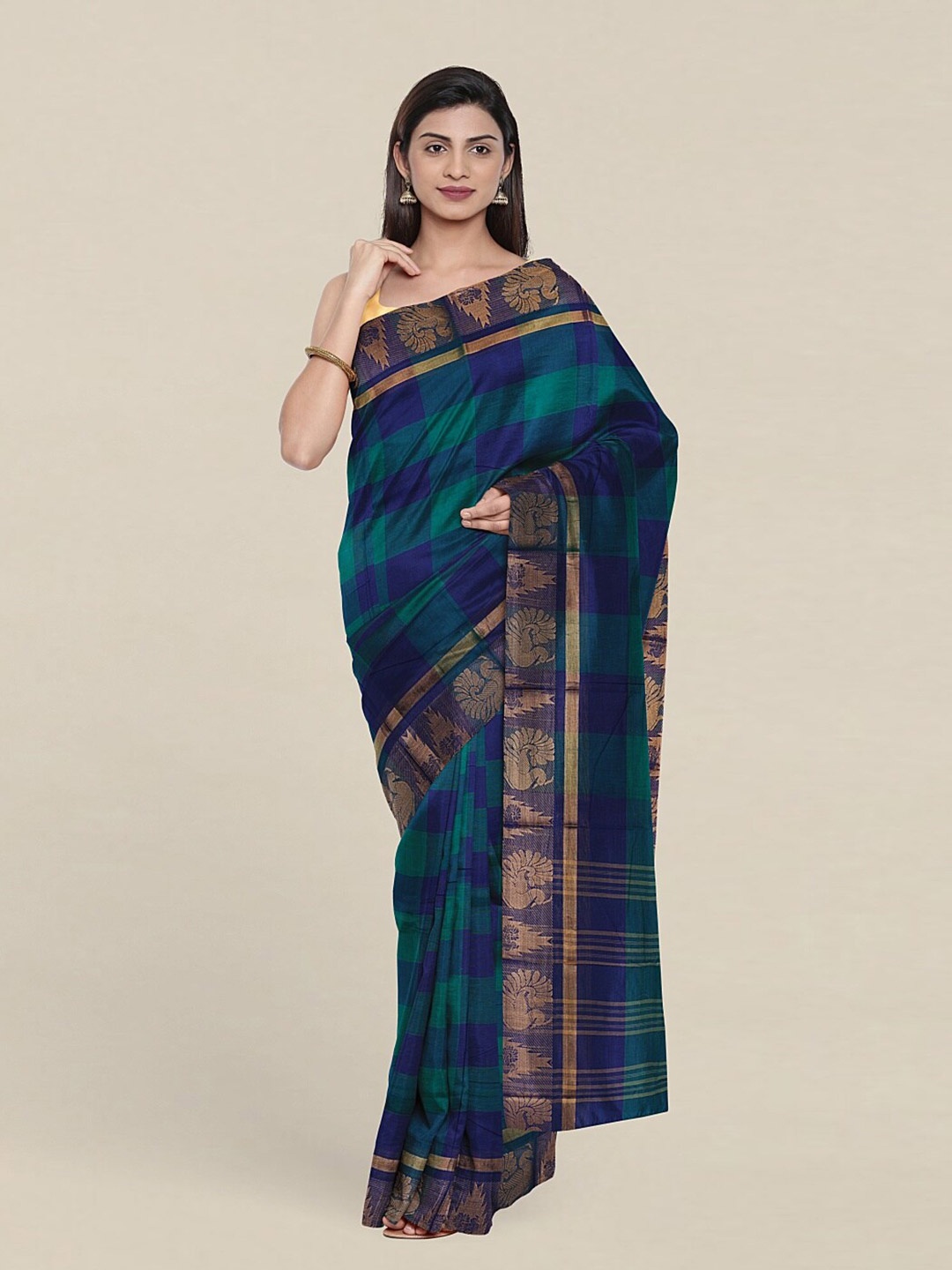 

Pothys Blue & Mustard Checked Pure Cotton Saree