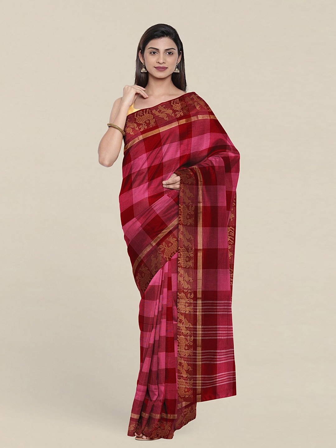 

Pothys Red & Pink Checked Pure Cotton Saree