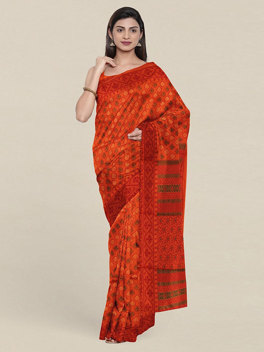 

Pothys Orange & Red Floral Pure Cotton Saree