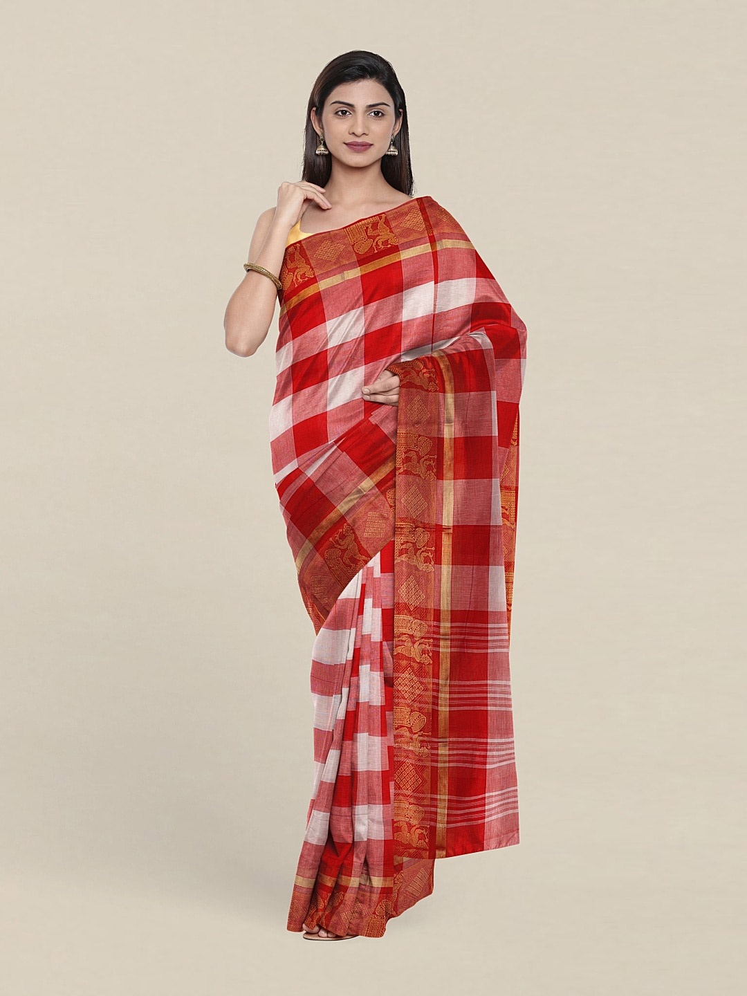 

Pothys White & Red Checked Zari Pure Cotton Saree