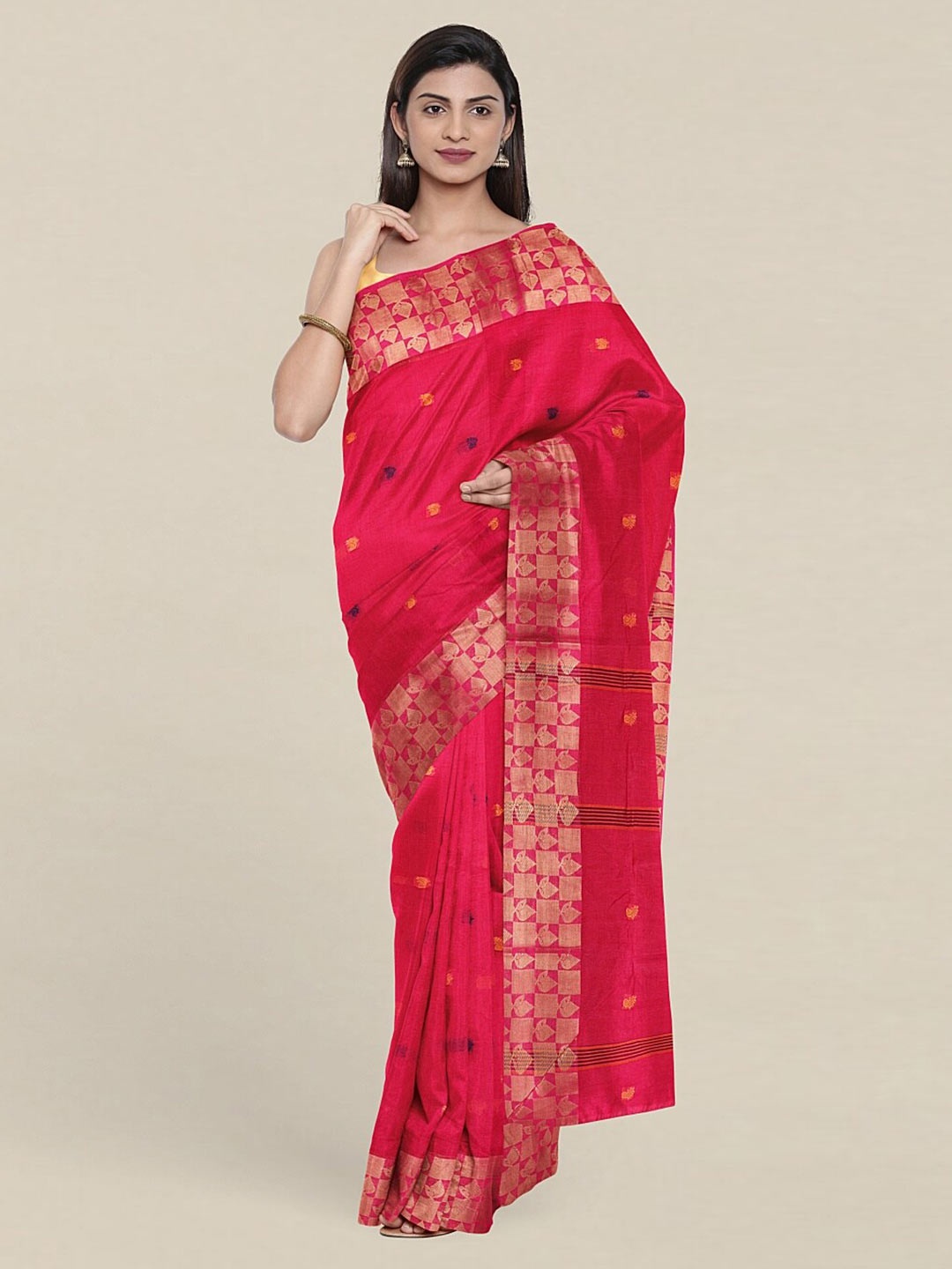 

Pothys Pink & Gold-Toned Woven Design Zari Pure Cotton Saree