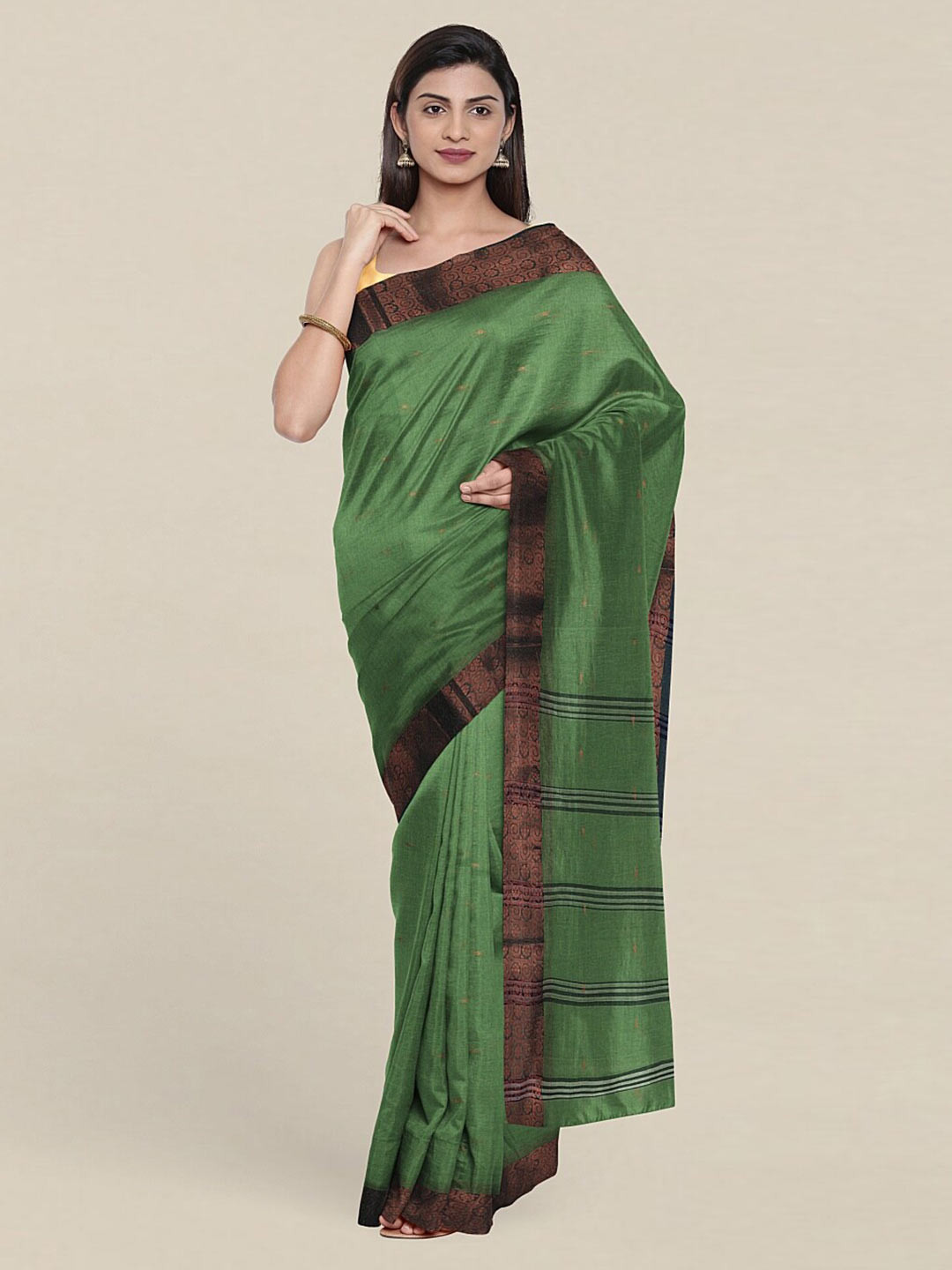 

Pothys Green & Copper-Toned Woven Design Zari Pure Cotton Saree