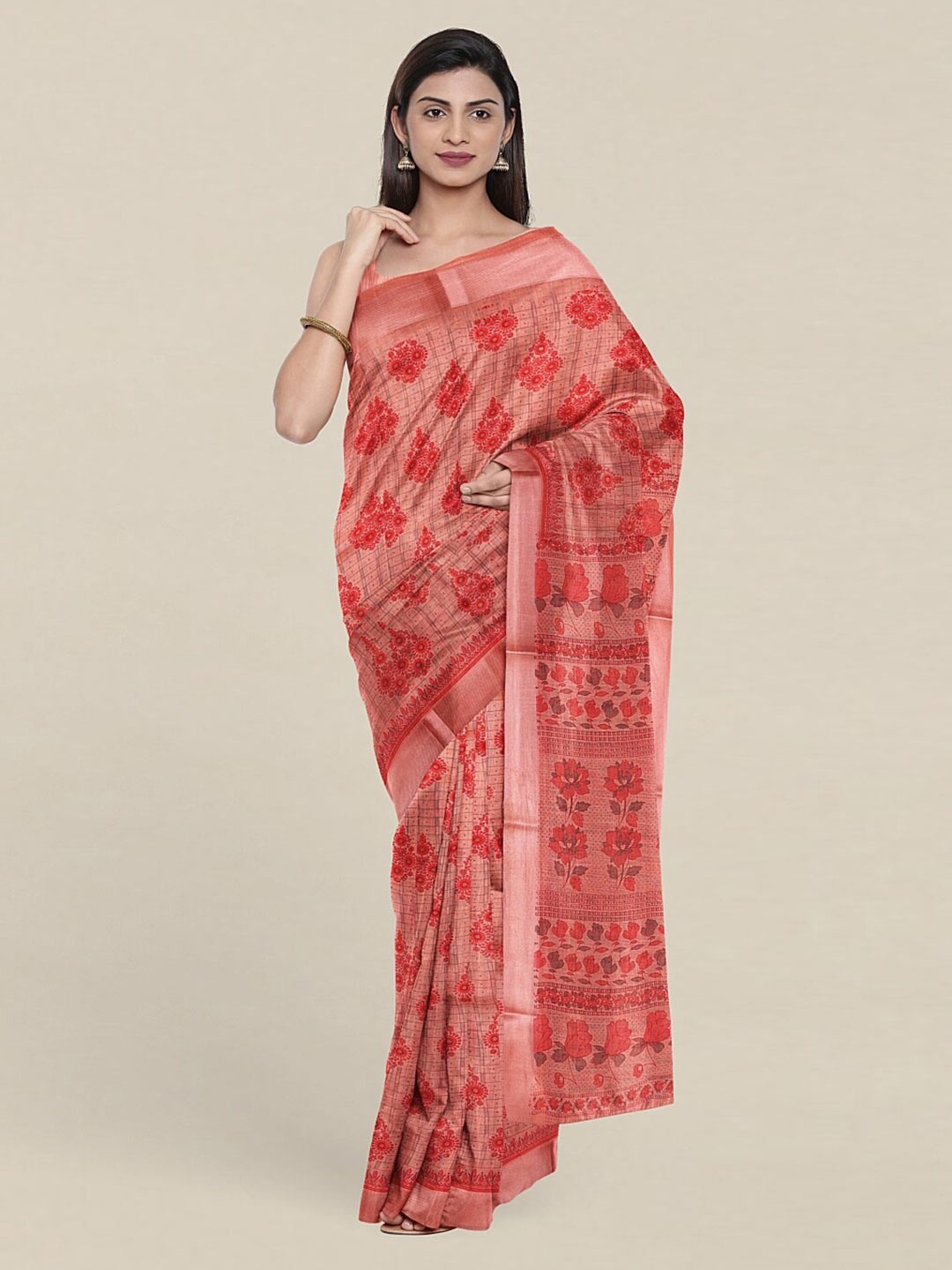

Pothys Pink & Grey Floral Pure Cotton Saree
