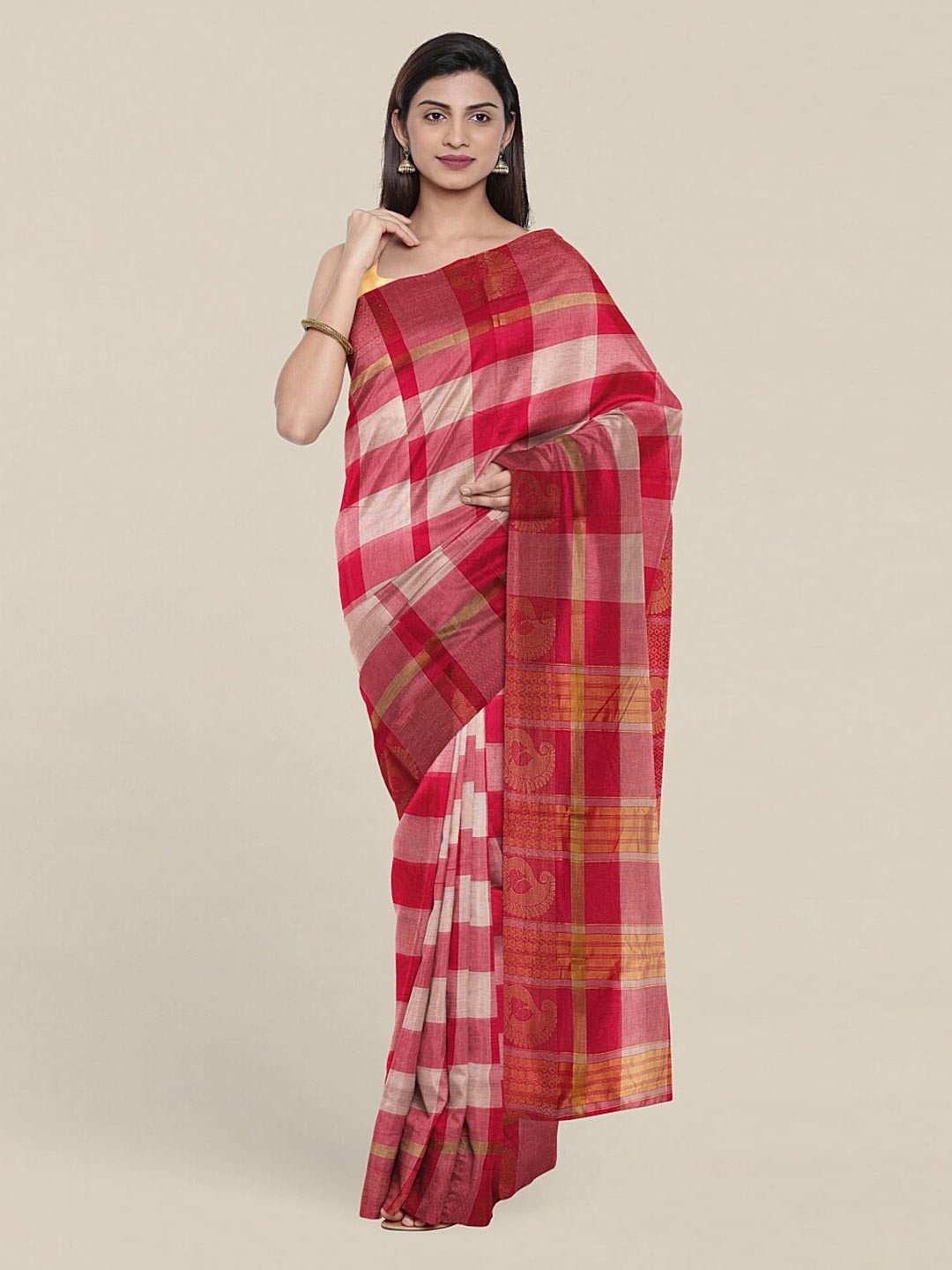

Pothys Pink & White Checked Zari Pure Cotton Saree