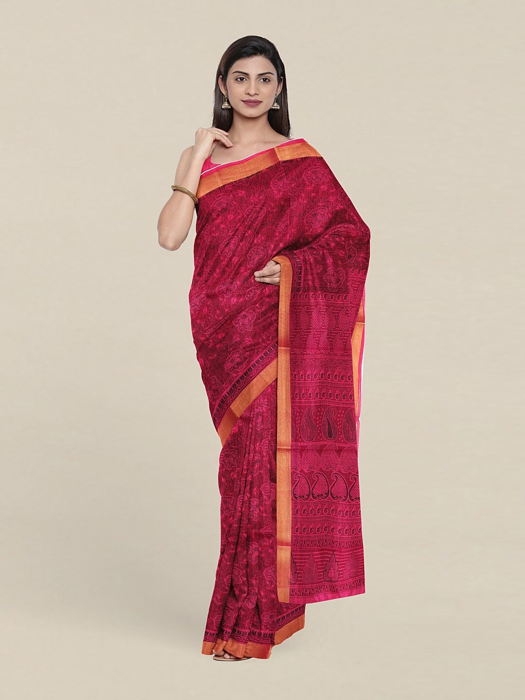 

Pothys Magenta & Gold-Toned Floral Zari Pure Cotton Saree