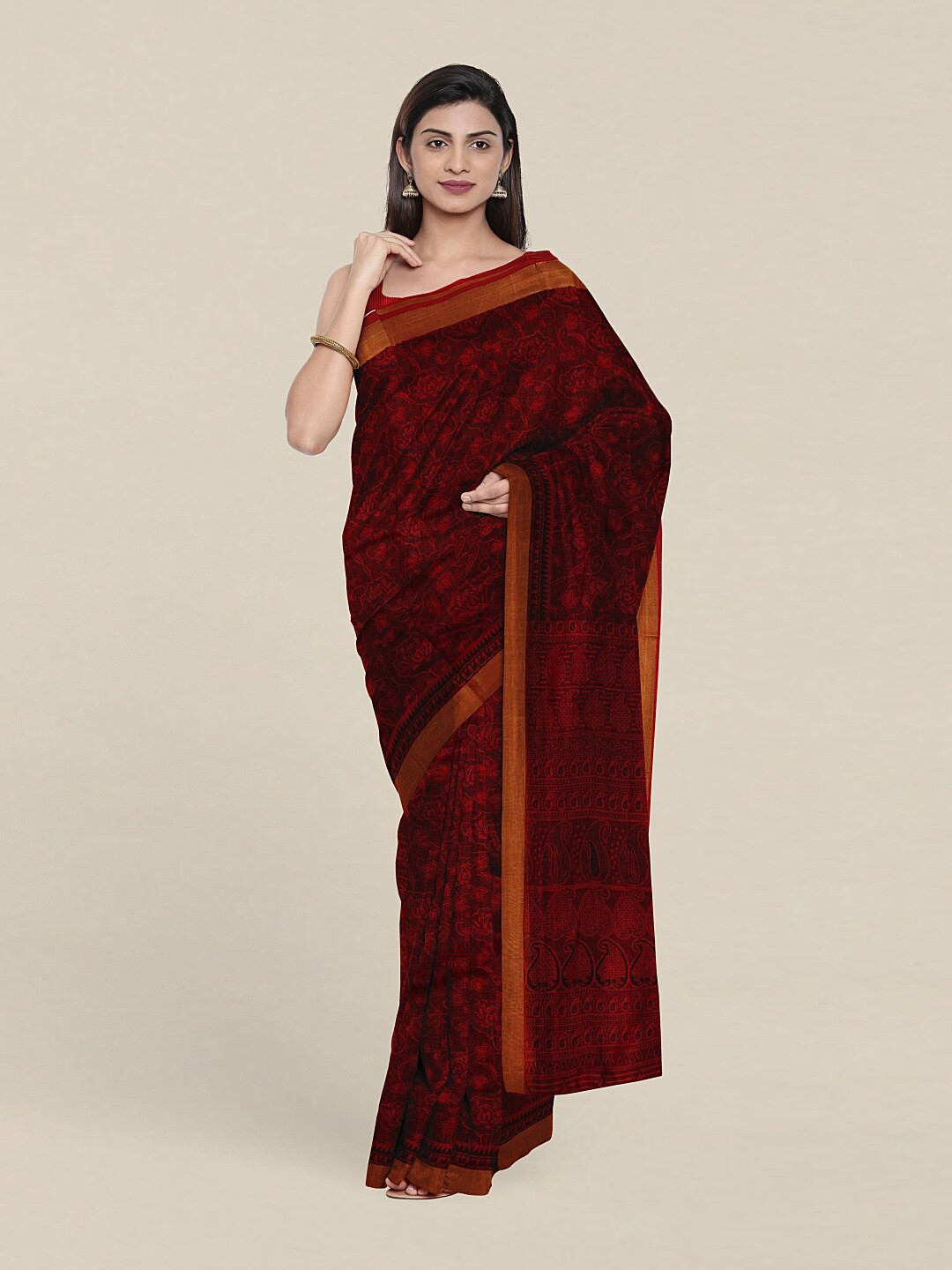 

Pothys Maroon & Gold-Toned Floral Zari Pure Cotton Saree