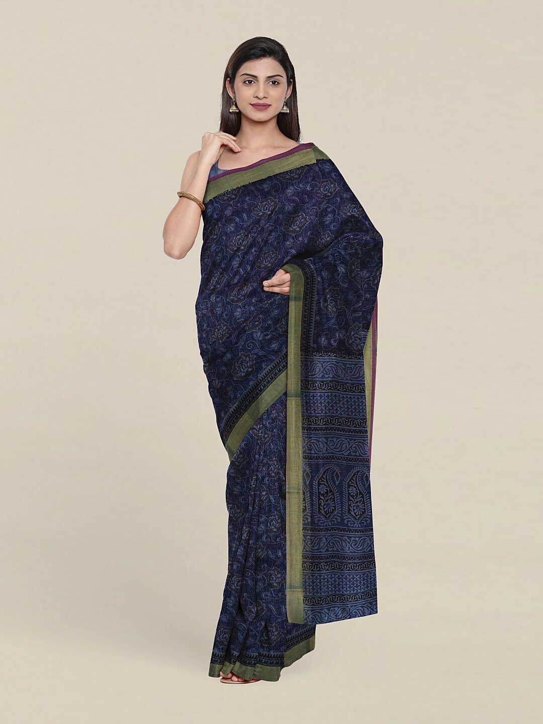 

Pothys Navy Blue & Gold-Toned Floral Zari Pure Cotton Saree