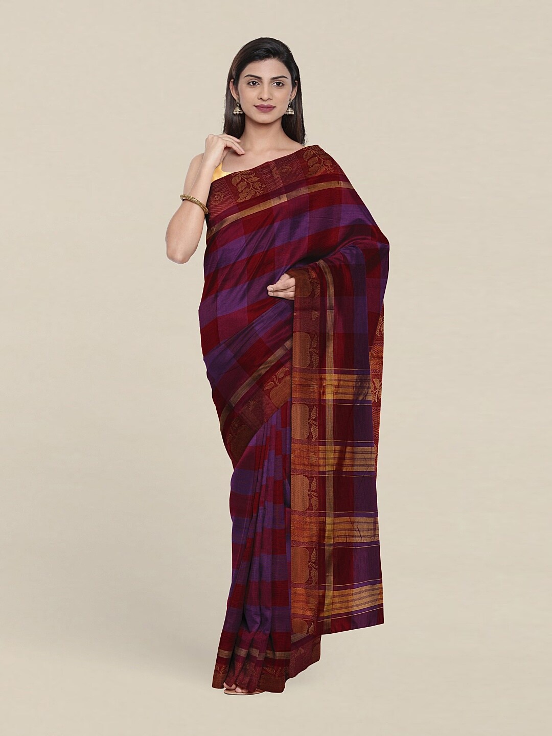 

Pothys Violet & Maroon Checked Zari Pure Cotton Saree