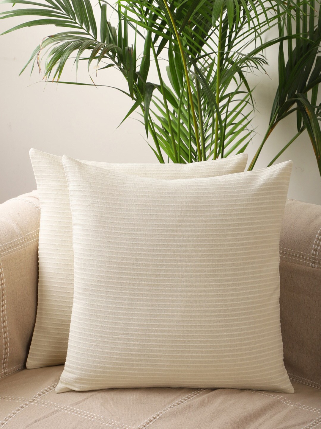 

Jamio Firati Cream-Coloured Set of 2 Striped Pure Cotton Square Cushion Covers