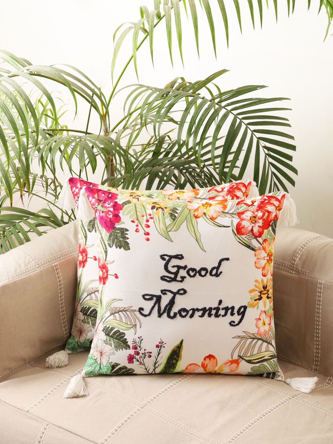 

Jamio Firati White & Pink Set of 2 Floral Cotton Square Cushion Covers