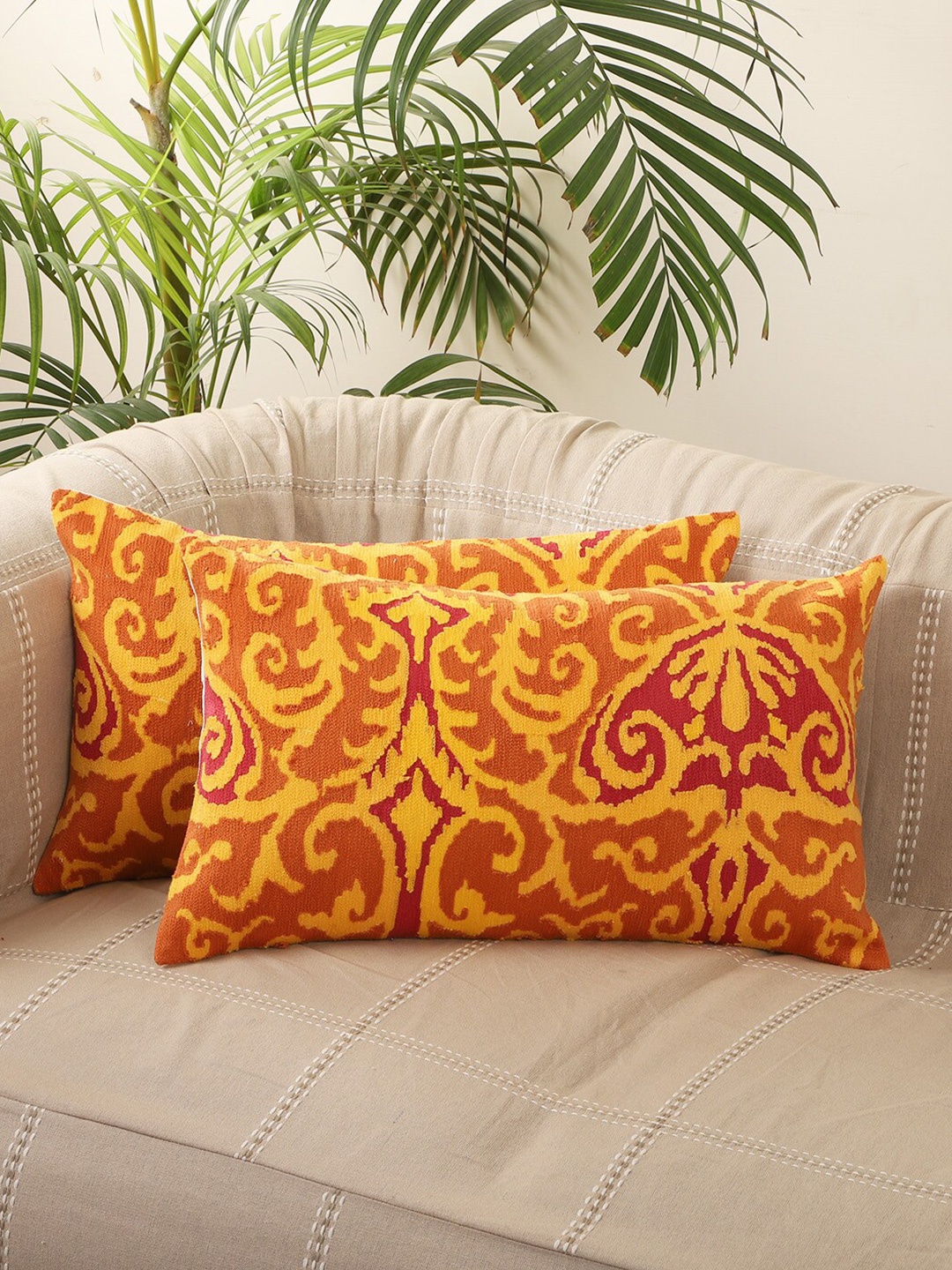 

Jamio Firati Orange & Yellow Set of 2 Ethnic Printed Cotton Rectangle Cushion Covers