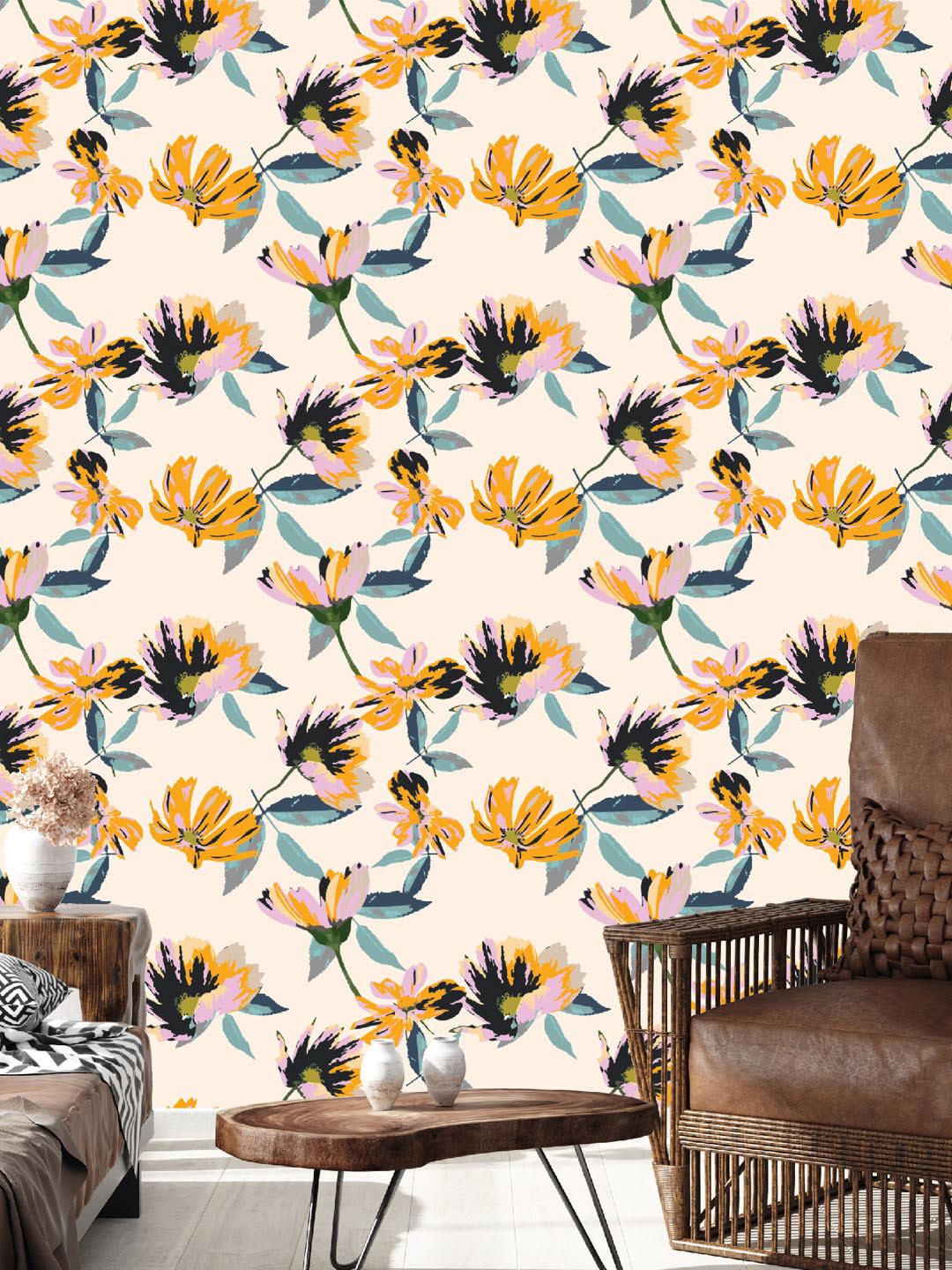 

Asian Paints Off White & Orange Floral Charm EzyCR8 Self Adhesive Wallpaper