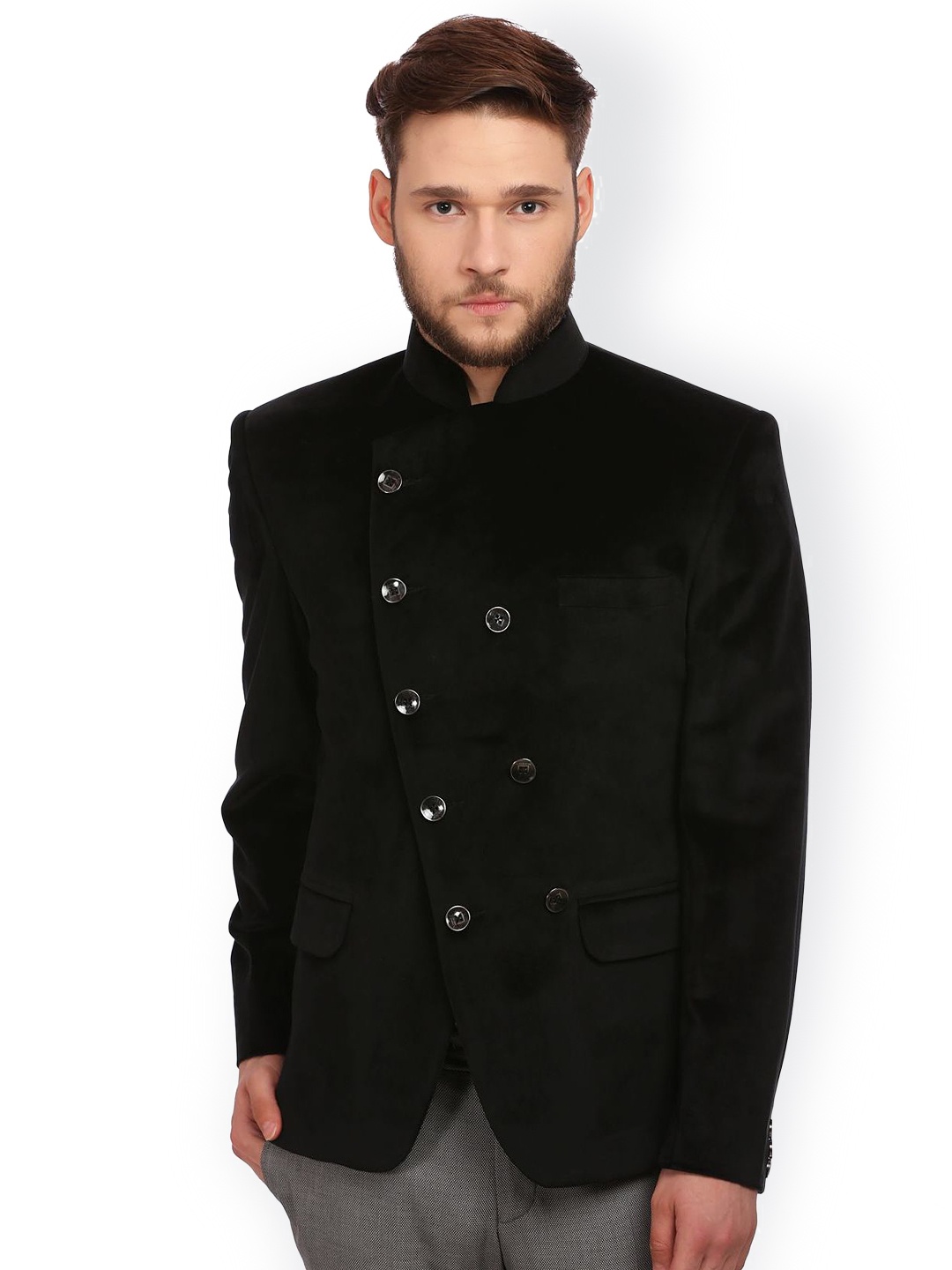 

Wintage Men Black Velvet Double-Breasted Tailored Fit Ethnic Bandhgala Blazer