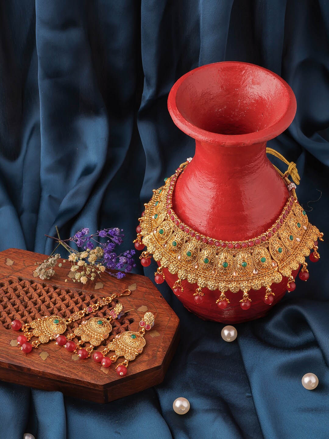 

Brandsoon Gold-Plated Red & Green Stone-Studded & beaded Jewellery Set