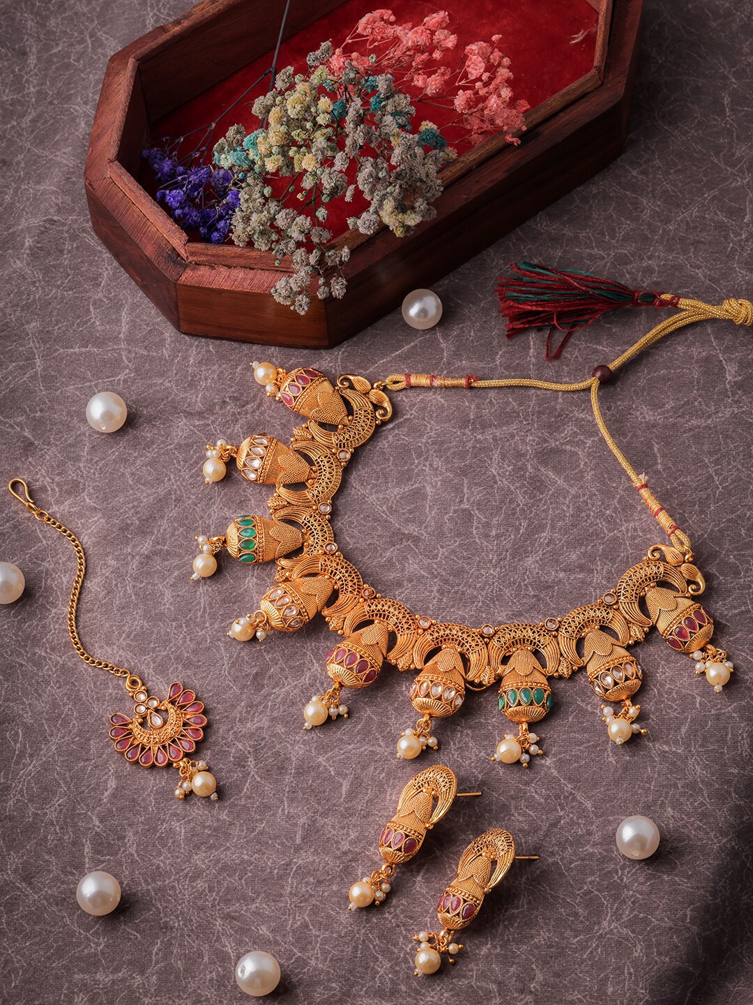 

Brandsoon Gold-Plated Green & Red Stone-Studded & Beaded Jewellery Set