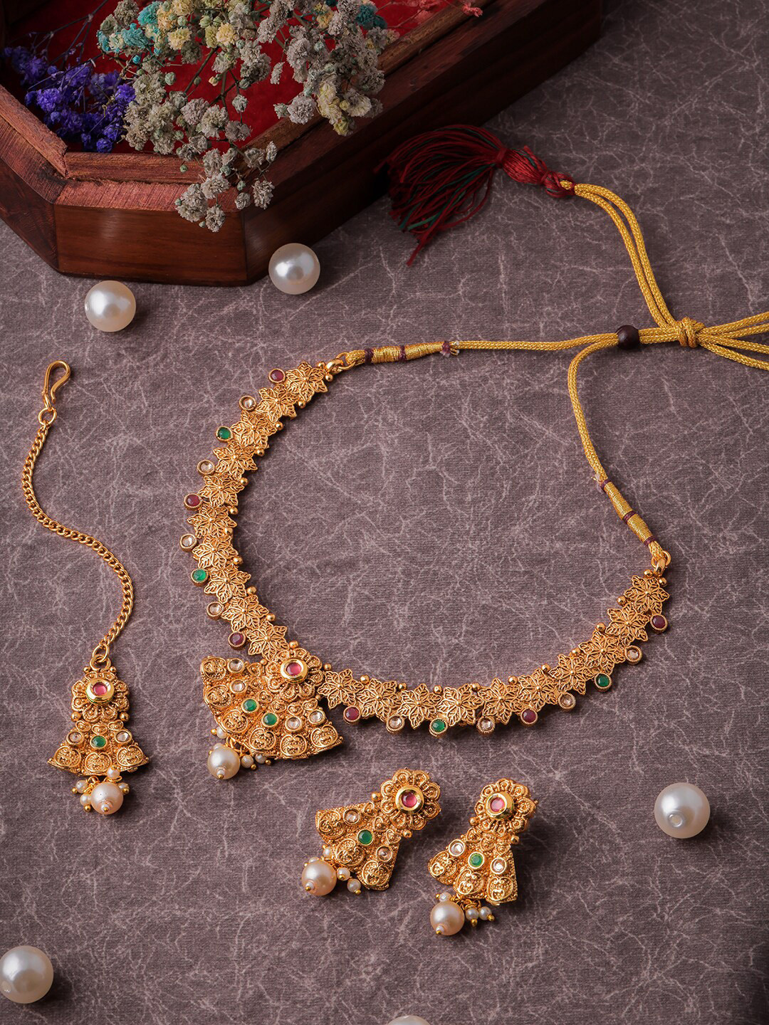 

Brandsoon Gold-Plated Green & Red Artificial Stones-Studded & Beaded Jewellery Set