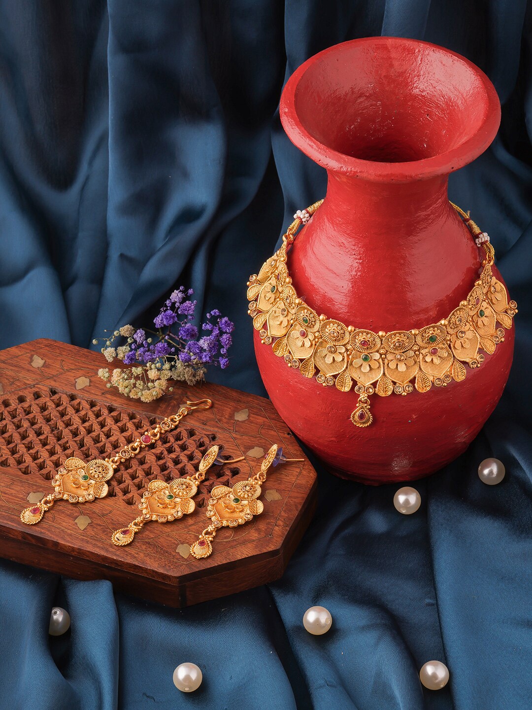 

Brandsoon One Gram Gold-Plated Green & Red Stone-Studded Temple Jewellery Set
