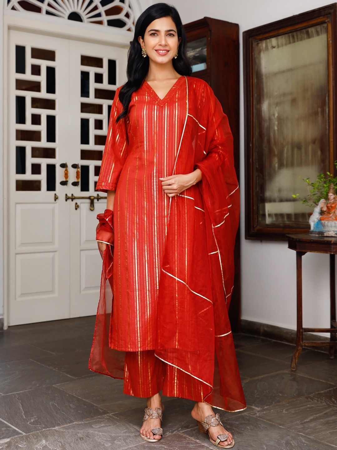 

Ambraee Women Red Striped Kurta with Palazzos & With Dupatta
