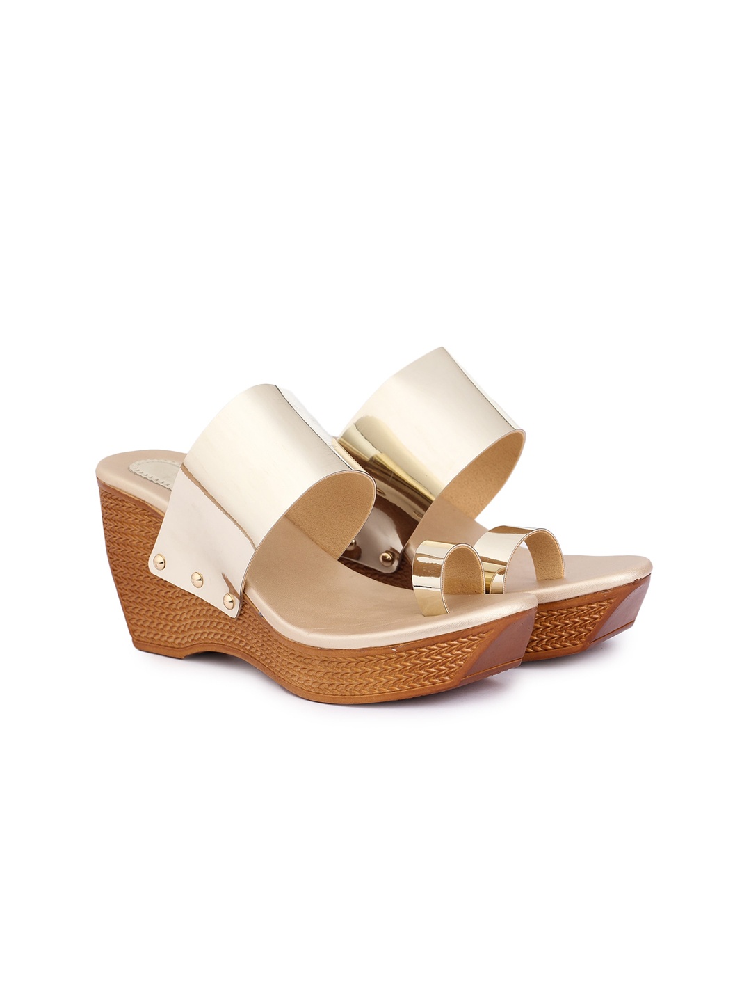

H3F Gold-Toned & Beige One -Toe Wedge Heels