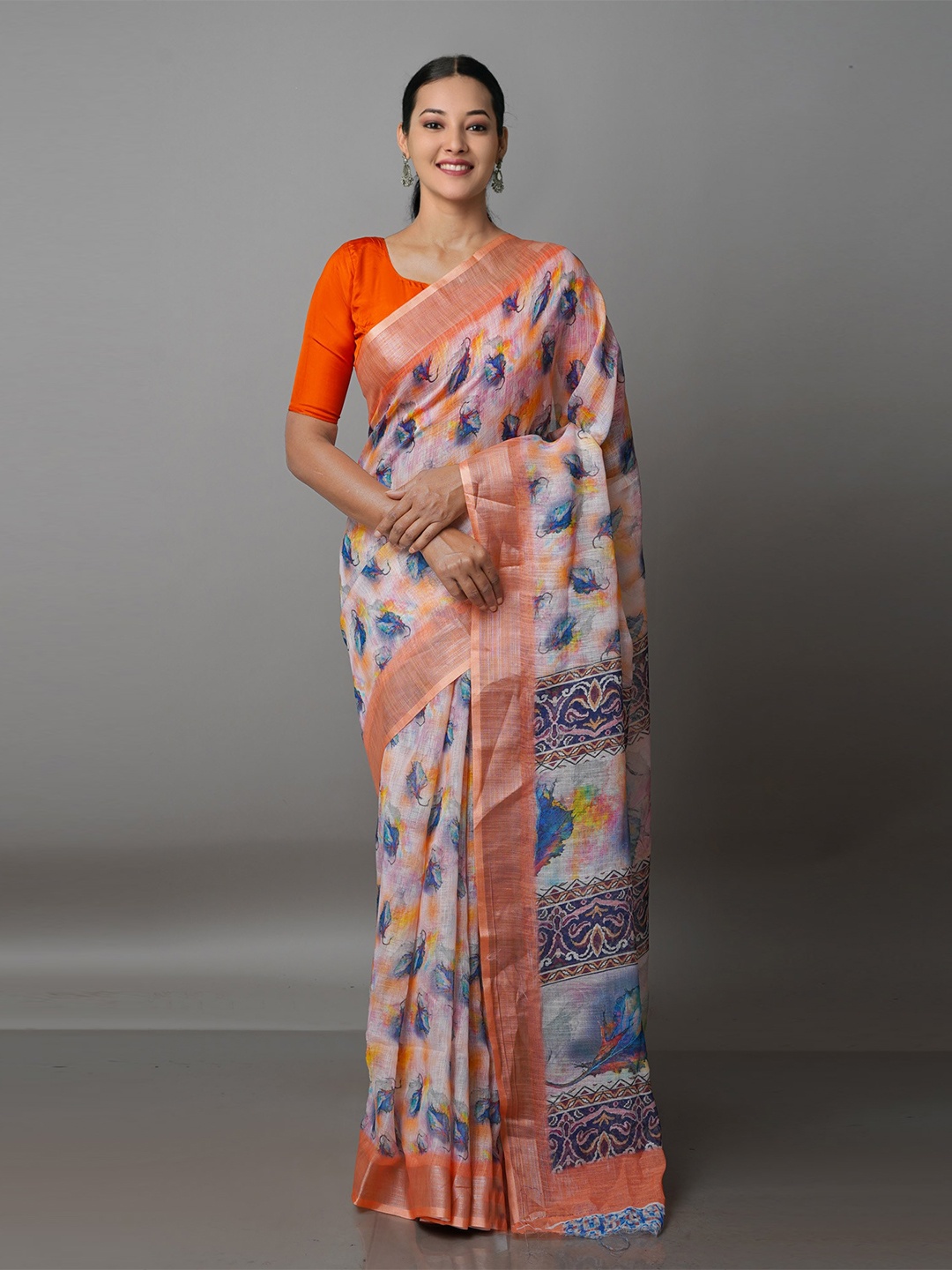 

Unnati Silks Pink & Orange Ethnic Motifs Zari Linen Blend Jamdani Saree