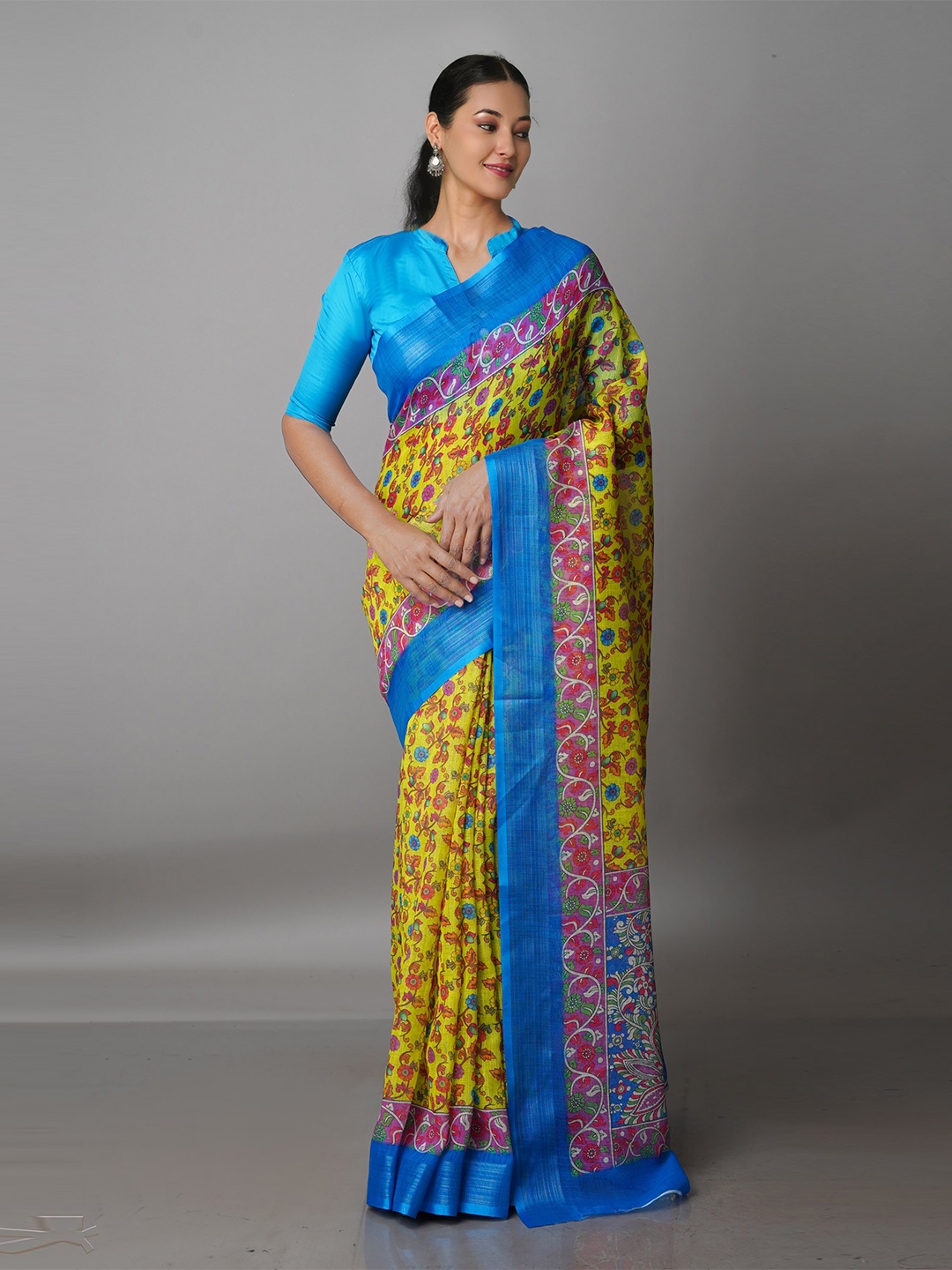 

Unnati Silks Yellow & Blue Floral Linen Blend Jamdani Saree