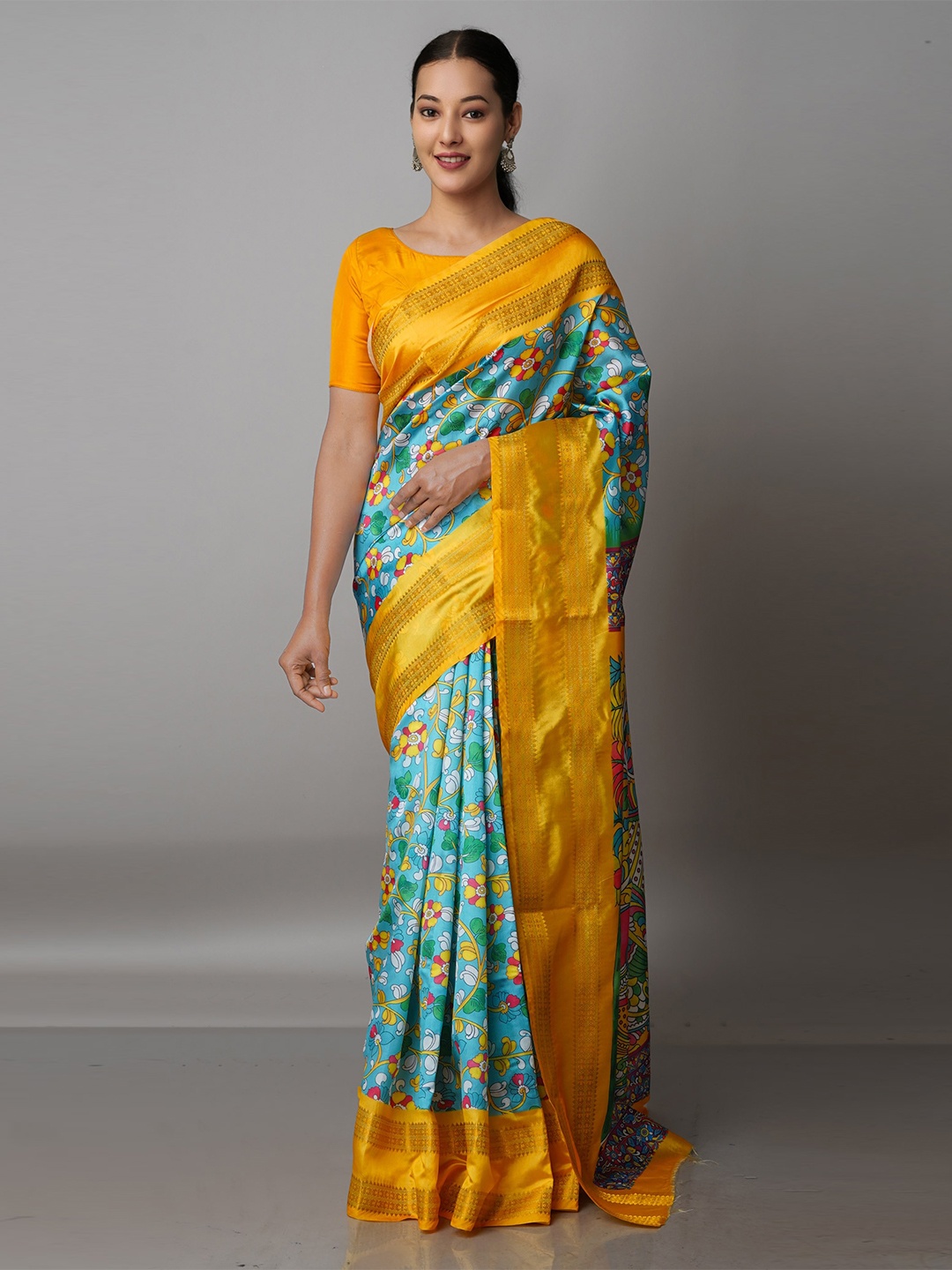 

Unnati Silks Blue & Yellow Kalamkari Zari Silk Blend Kanjeevaram Saree