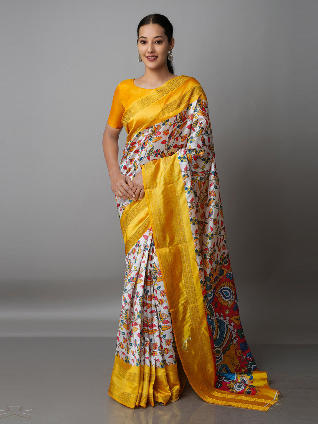 

Unnati Silks White & Yellow Kalamkari Zari Silk Blend Kanjeevaram Saree