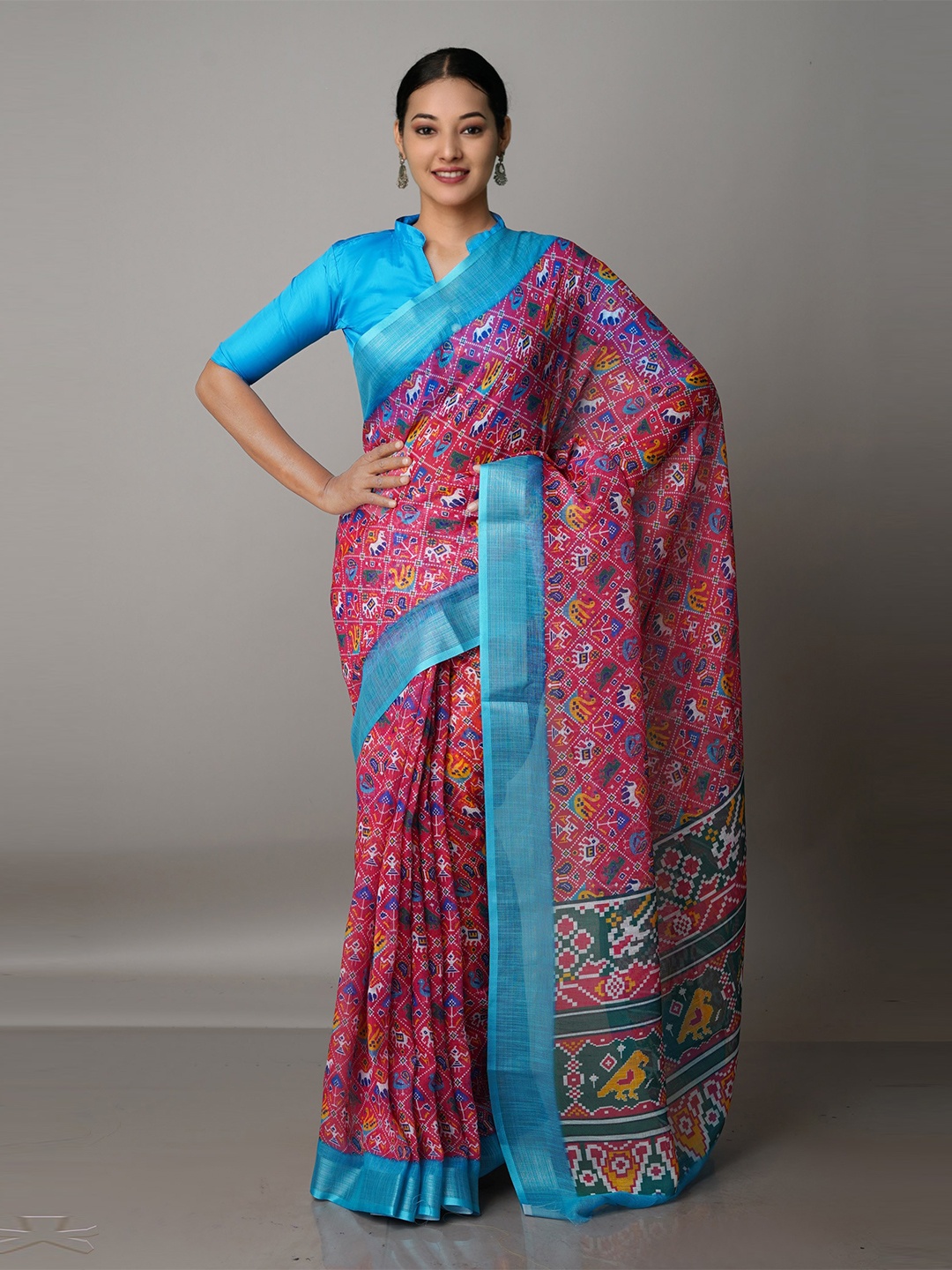 

Unnati Silks Pink & Blue Ethnic Motifs Linen Blend Jamdani Saree