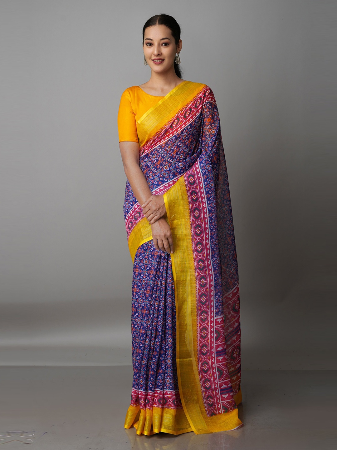 

Unnati Silks Navy Blue & Yellow Ethnic Motifs Linen Blend Jamdani Saree