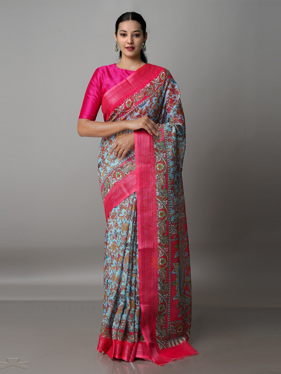 

Unnati Silks Blue & Pink Ethnic Motifs Linen Blend Jamdani Saree