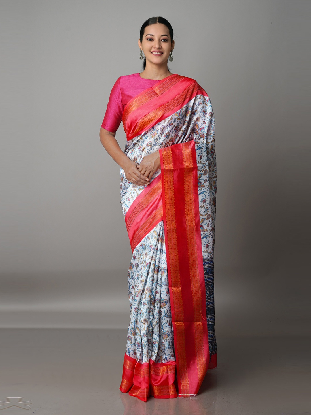 

Unnati Silks White & Red Kalamkari Zari Silk Blend Kanjeevaram Saree