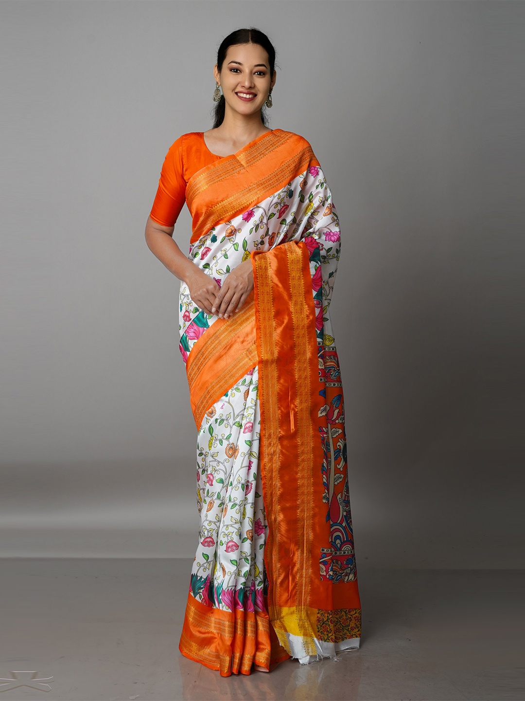 

Unnati Silks White & Orange Kalamkari Zari Silk Blend Kanjeevaram Saree