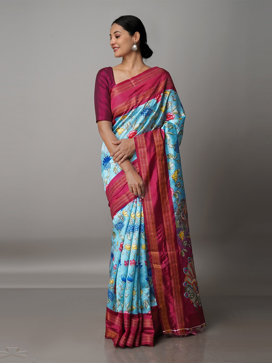 

Unnati Silks Blue & Pink Kalamkari Zari Silk Blend Kanjeevaram Saree