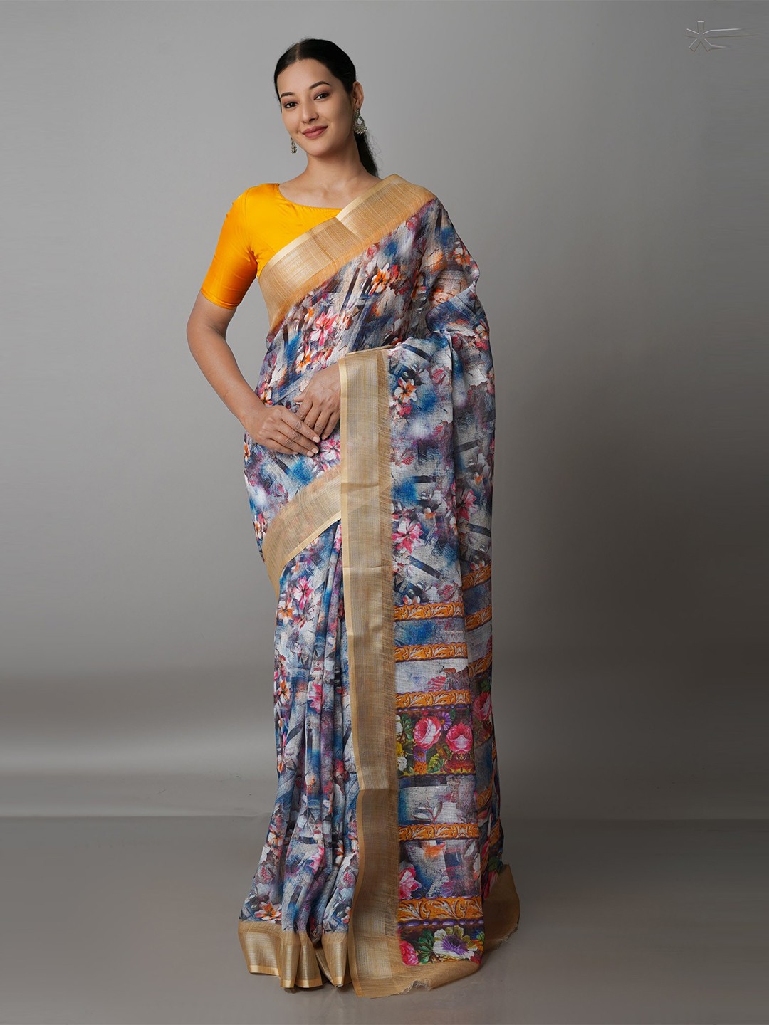 

Unnati Silks Blue & Green Ethnic Motifs Linen Blend Jamdani Saree