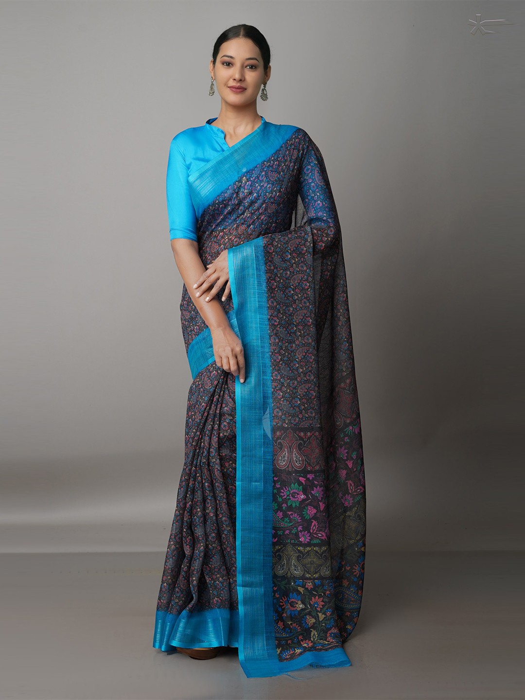 

Unnati Silks Green & Blue Ethnic Motifs Linen Blend Jamdani Saree