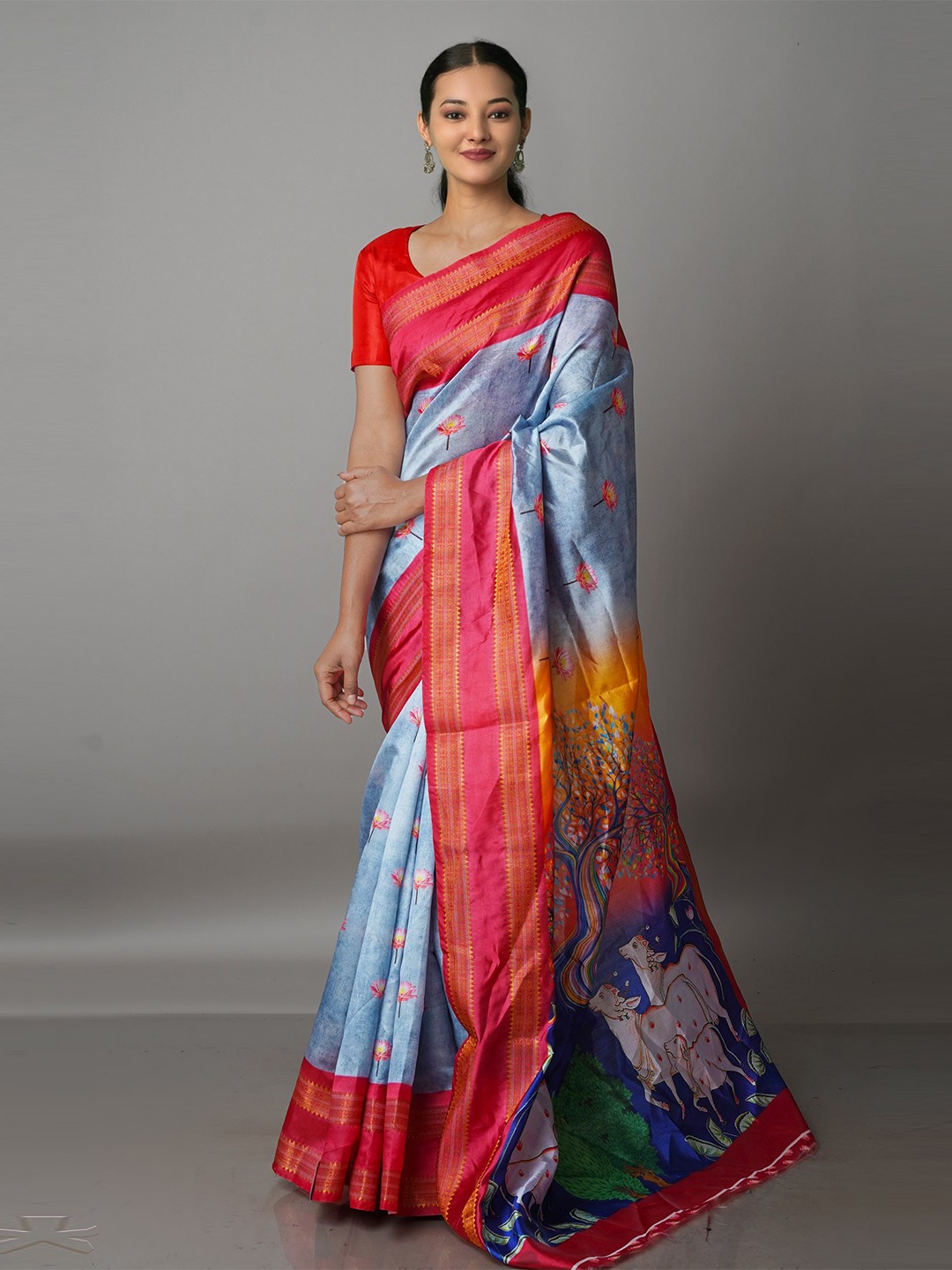 

Unnati Silks Blue & Red Kalamkari Zari Silk Blend Kanjeevaram Saree