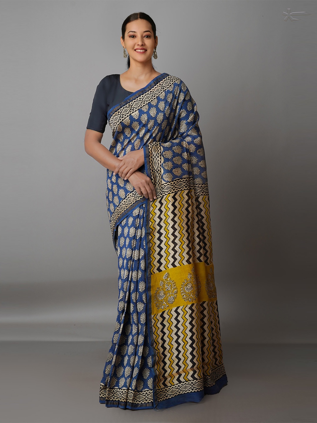 

Unnati Silks Yellow & Blue Floral Silk Cotton Chanderi Saree