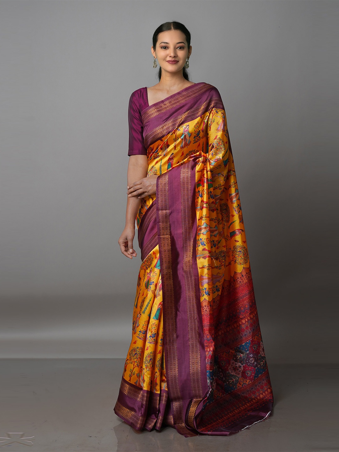 

Unnati Silks Pink & Yellow Kalamkari Silk Blend Kanjeevaram Saree