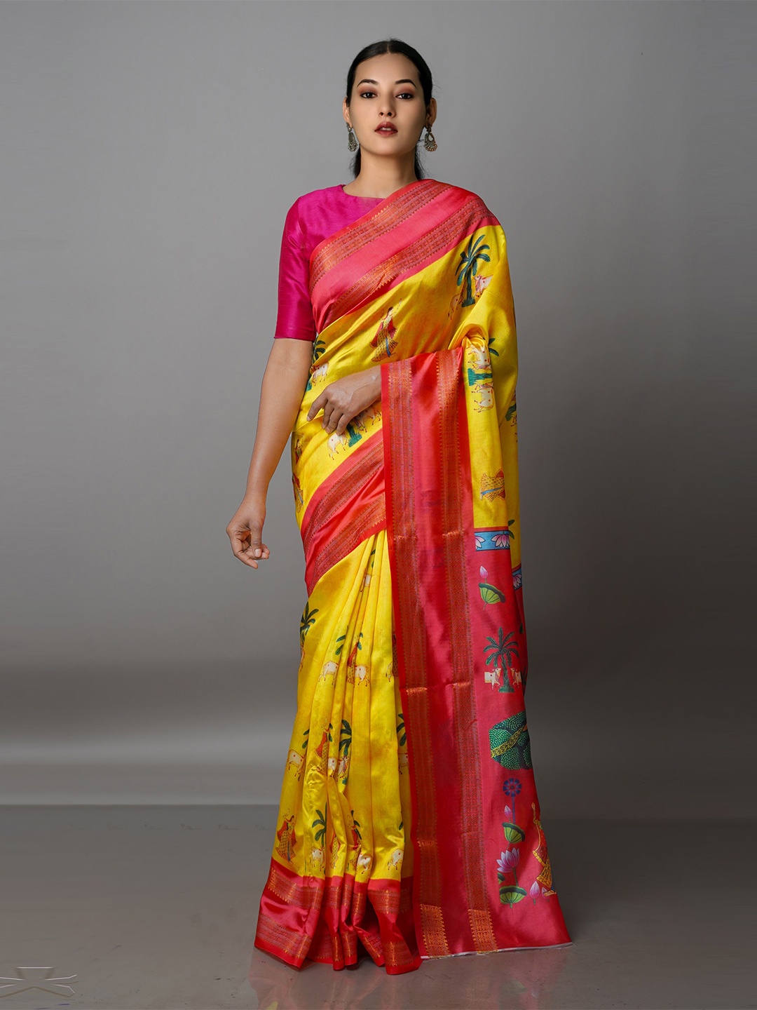 

Unnati Silks Yellow & Red Kalamkari Zari Silk Blend Kanjeevaram Saree