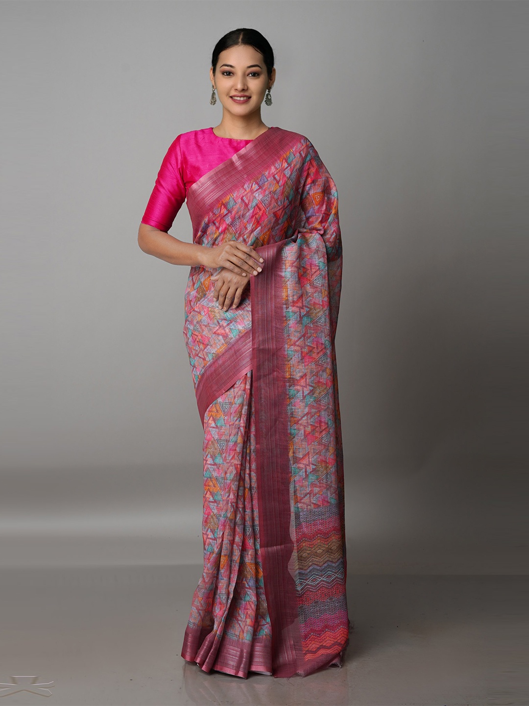 

Unnati Silks Pink & Blue Ethnic Motifs Zari Linen Blend Jamdani Saree