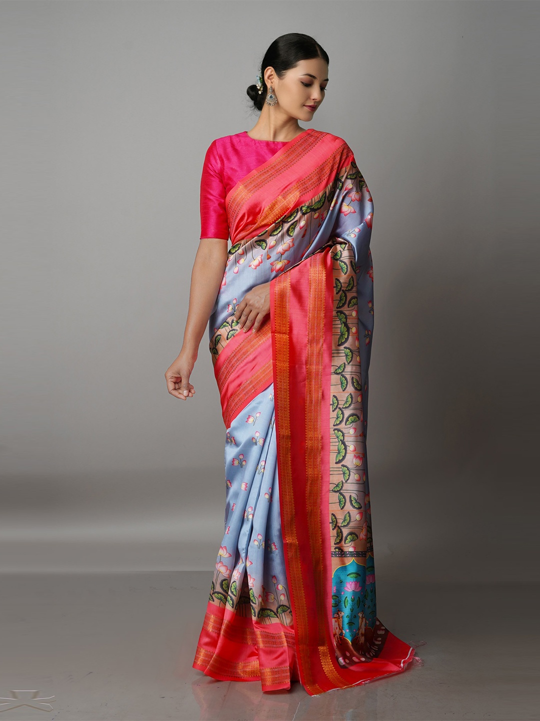 

Unnati Silks Grey & Pink Kalamkari Zari Silk Blend Kanjeevaram Saree