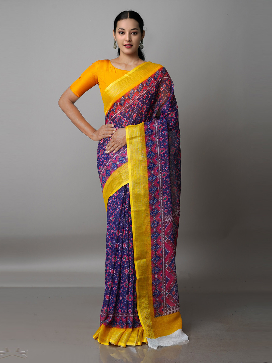 

Unnati Silks Blue & Yellow Ethnic Motifs Linen Blend Jamdani Saree