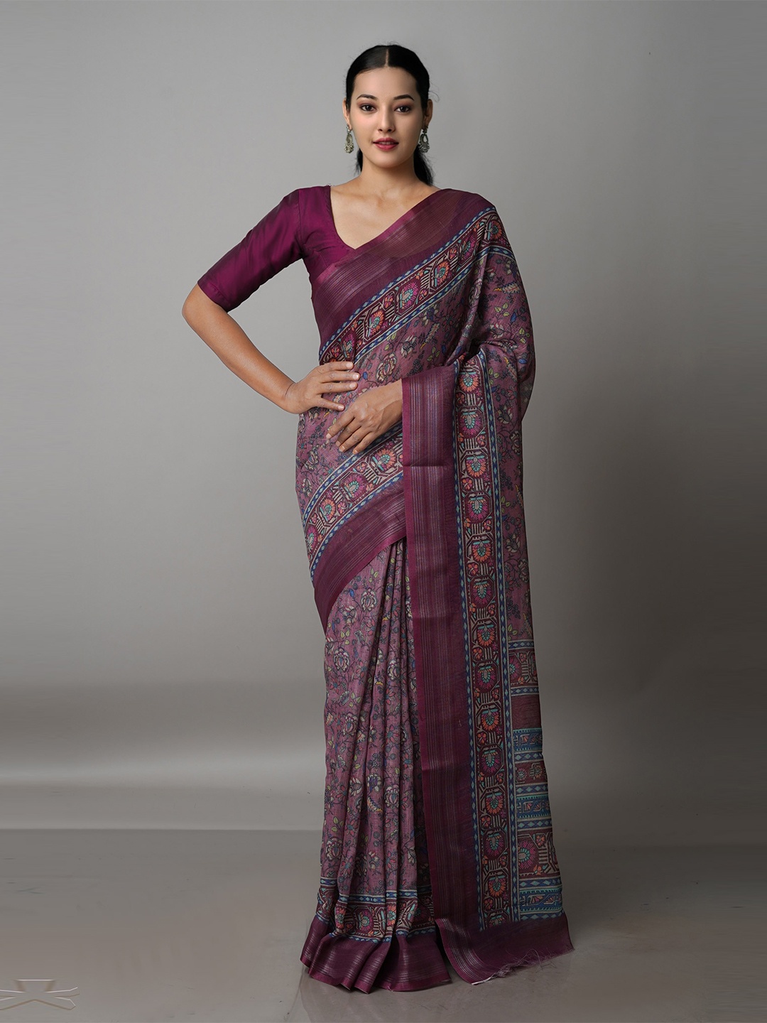 

Unnati Silks Purple & Blue Ethnic Motifs Linen Blend Jamdani Saree