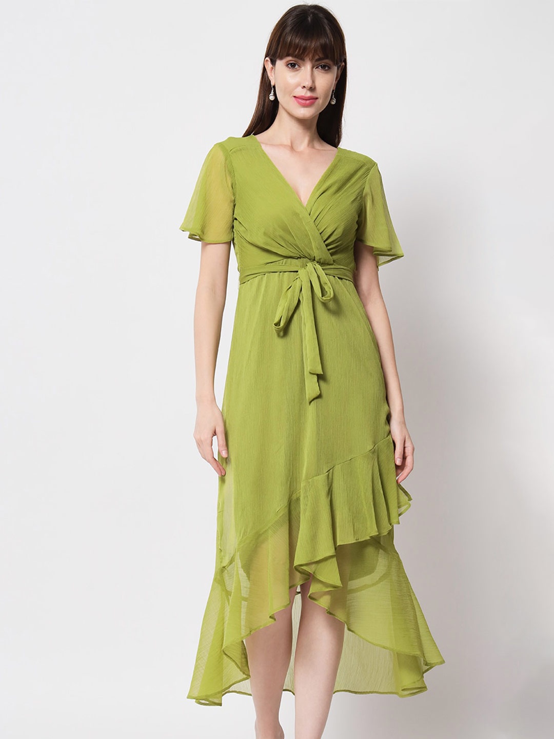 

HERE&NOW Women Olive Green Chiffon Midi Dress