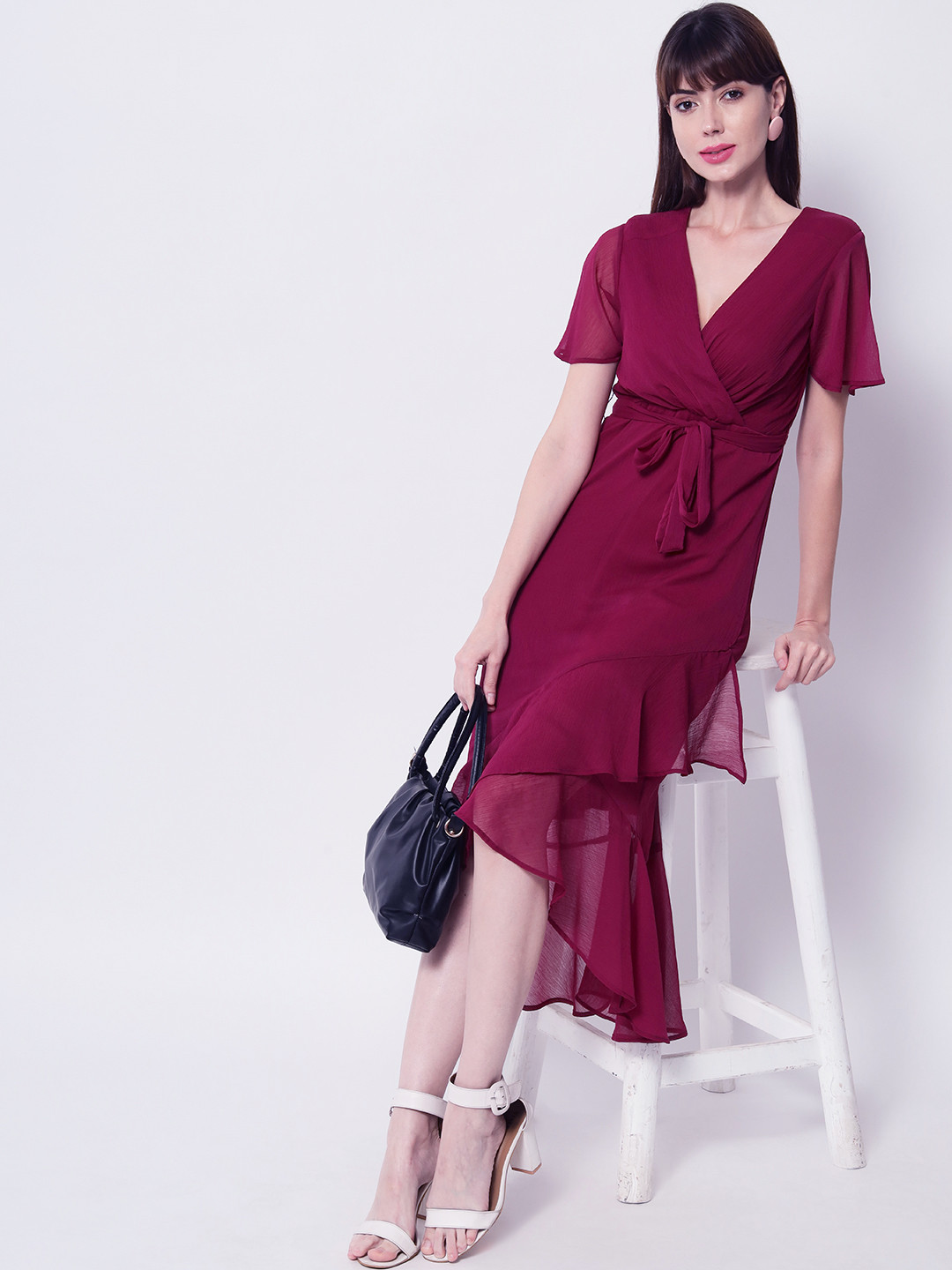 

HERE&NOW Women Maroon Chiffon Midi Dress