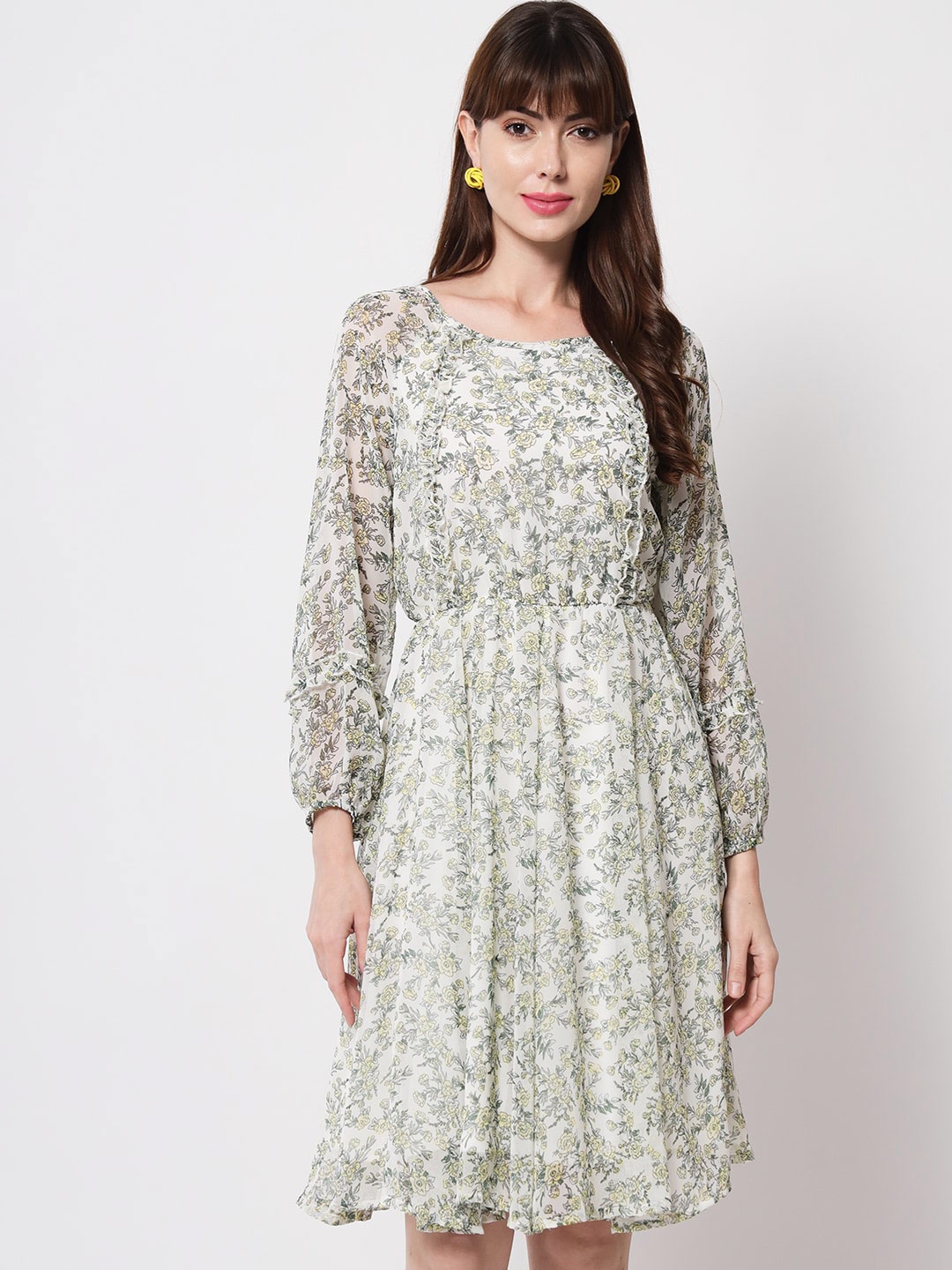 

HERE&NOW Women Off White & Yellow Floral Dress