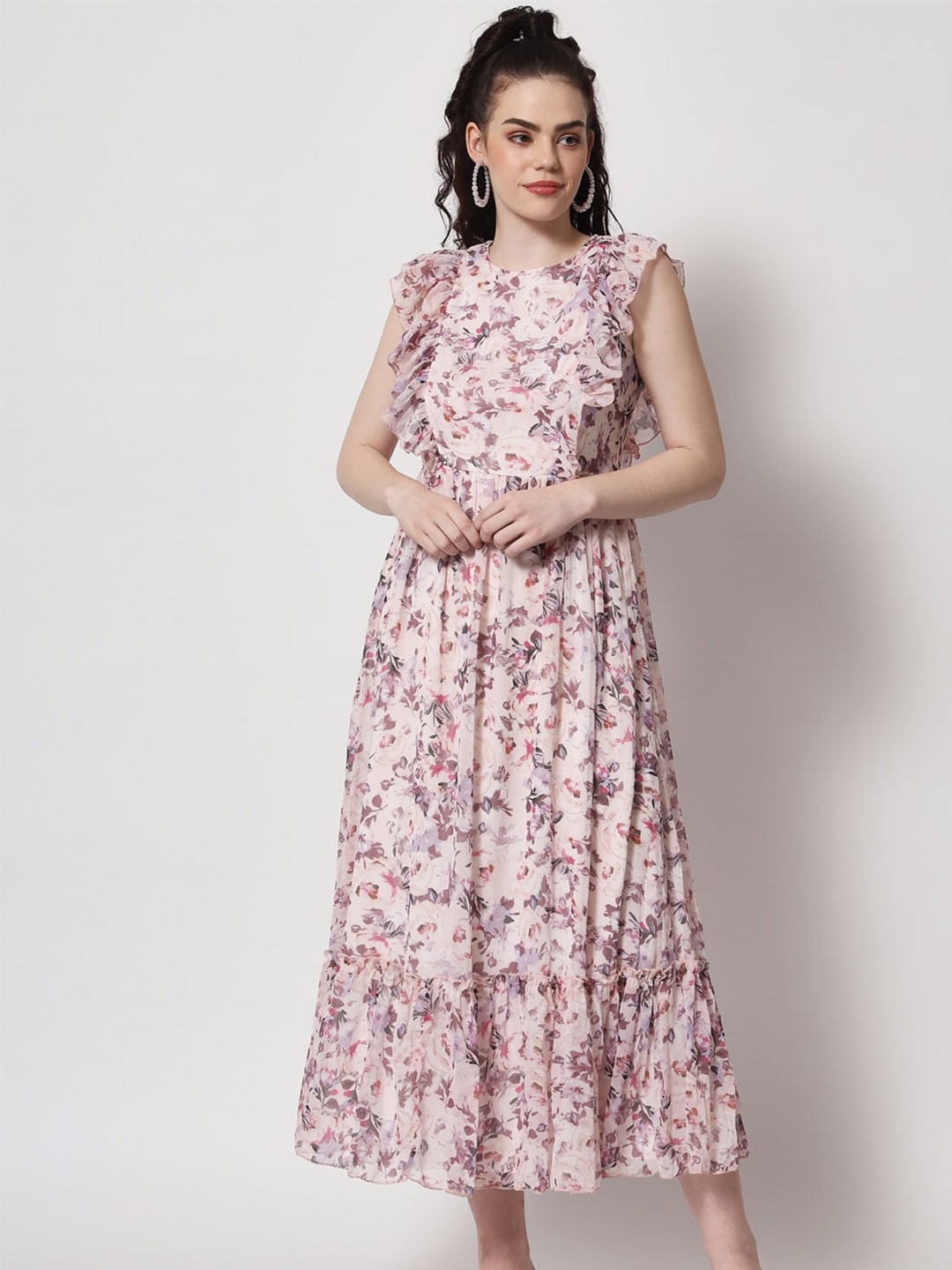 

HERE&NOW Cream Floral Chiffon Maxi Dress