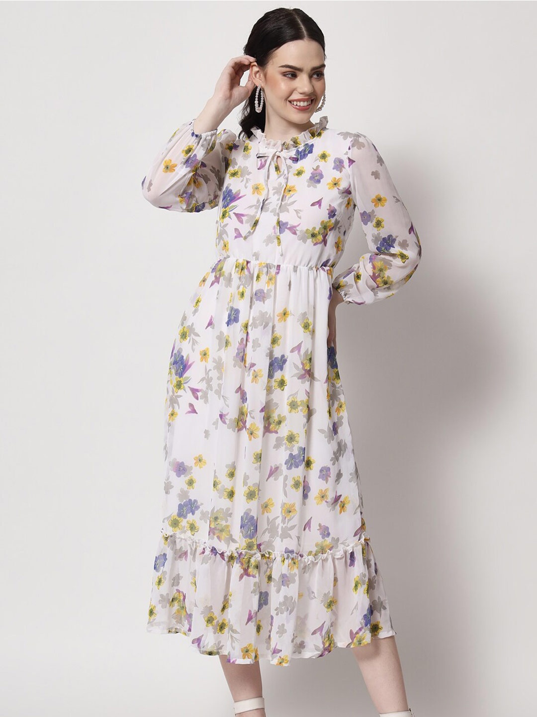 

HERE&NOW White Floral Tie-Up Neck Midi Dress