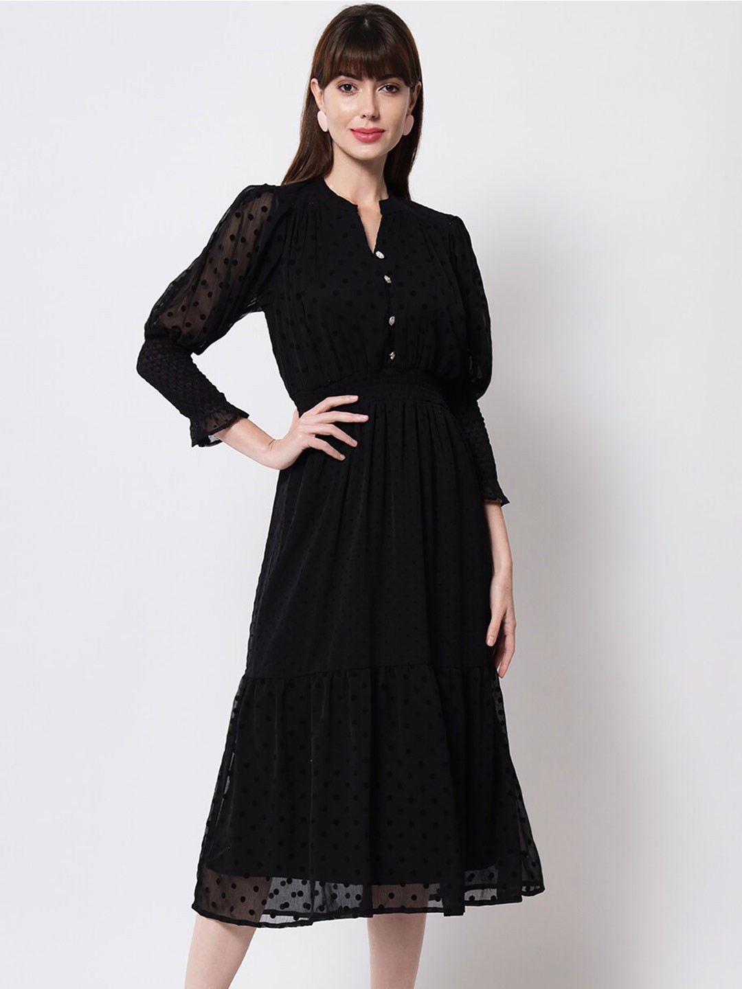 

HERE&NOW Black Chiffon Cuffed Sleeves Midi Dress