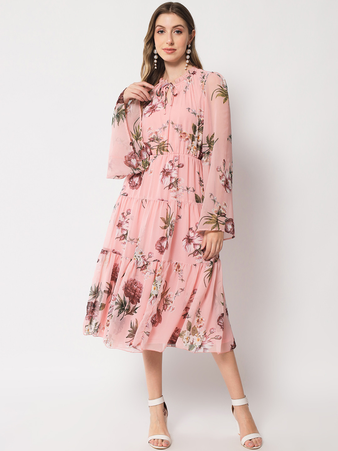 

HERE&NOW Peach-Coloured Floral Tie-Up Neck A-Line Midi Dress
